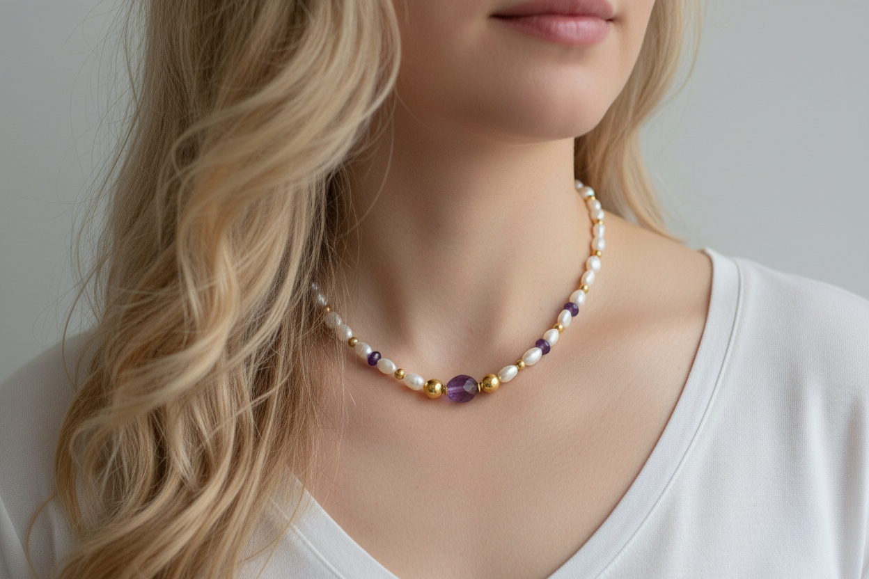 Pearls, Amethysts & Gold Plated Silver Necklace (III) - Katerina Roukouna