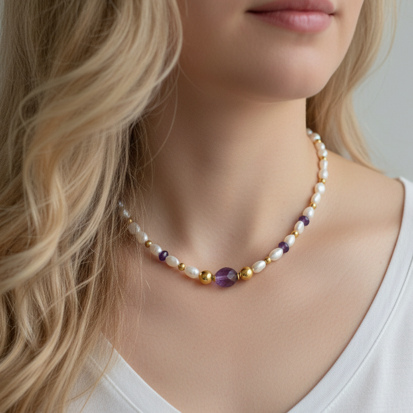 Pearls, Amethysts & Gold Plated Silver Necklace (III) - Katerina Roukouna