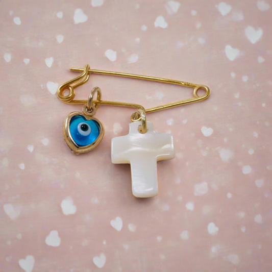 14K Gold evil eye with heart baby pin