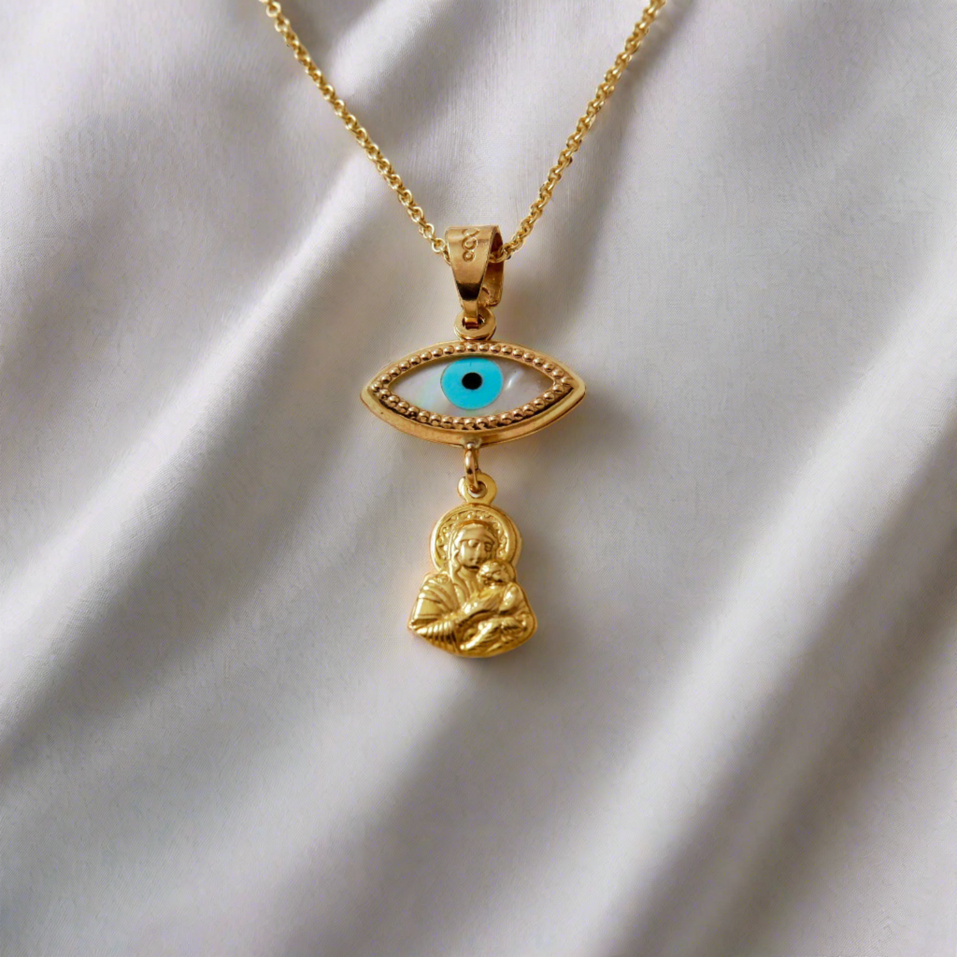 14K Gold evil eye with Mother Mary pendant