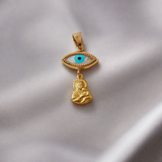 14K Gold Evil eye and Mother Mary Pendant