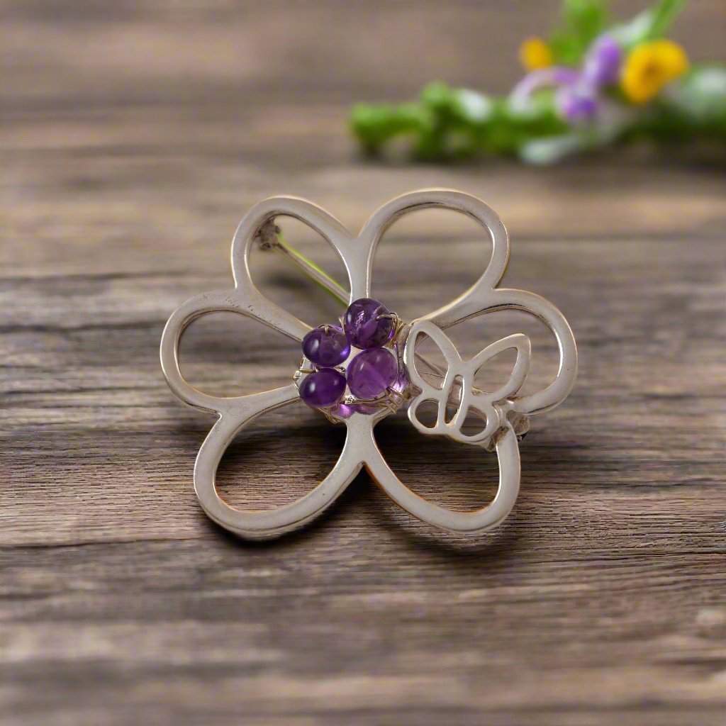 Sterling silver brooch - A flower with tiny butterfly with amethysts