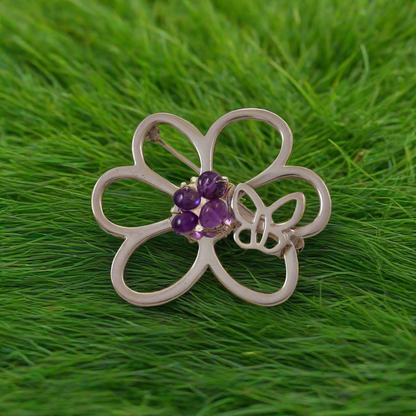 Sterling silver brooch - A flower with tiny butterfly with amethysts