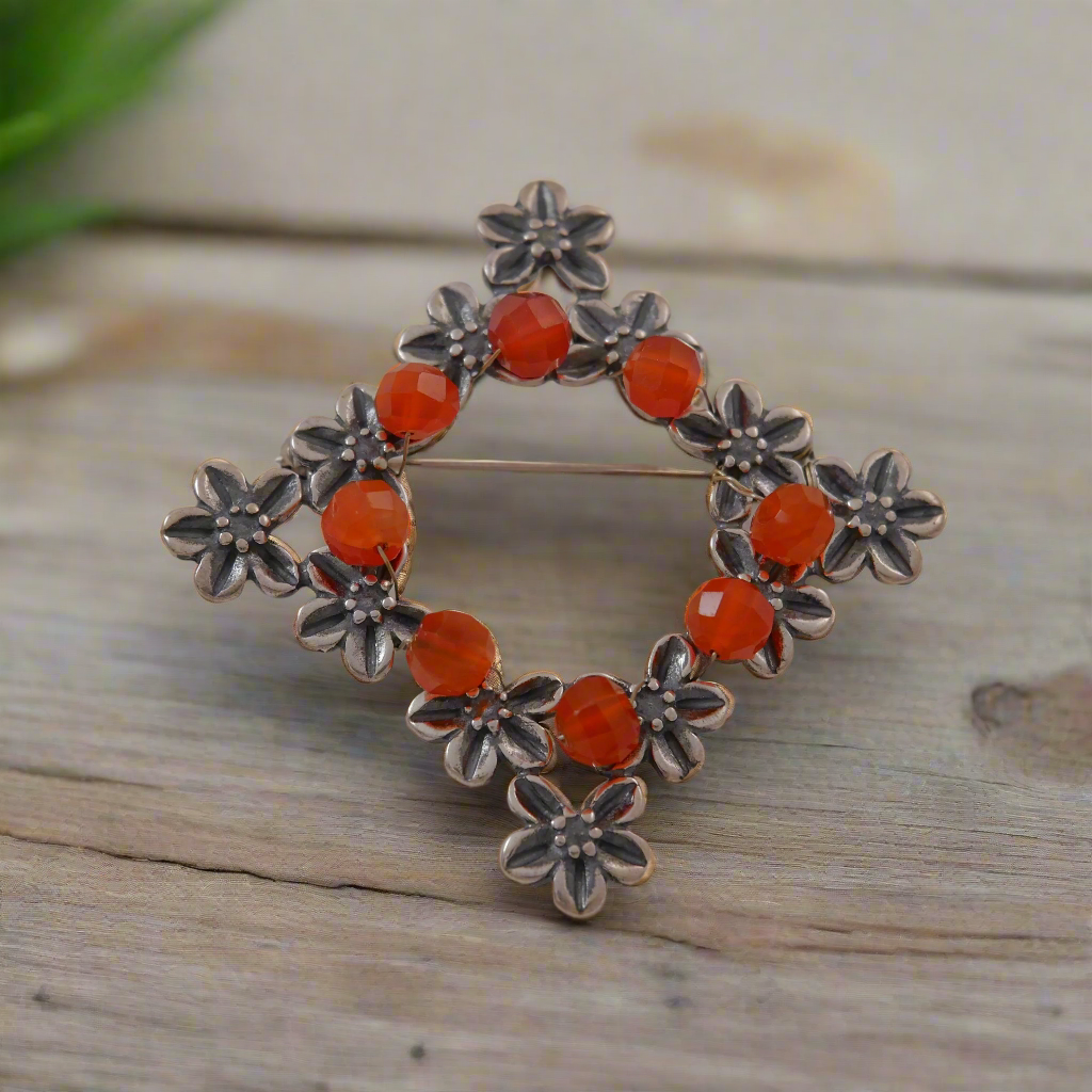 Sterling silver brooch -Wreath with Carnelians