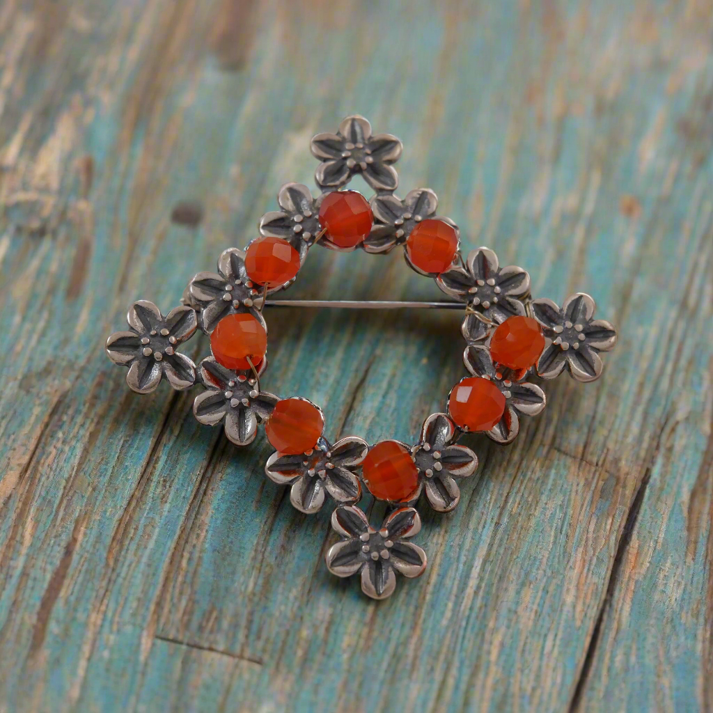 Sterling silver brooch -Wreath with Carnelians