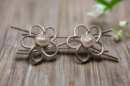 Sterling silver brooch with two flowers with Pearls