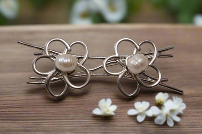 Sterling silver brooch with two flowers with Pearls