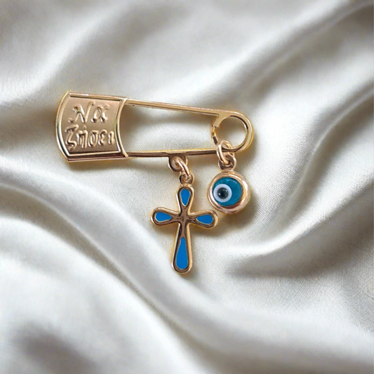 9K Gold cross painted blue by enamel, with an evil eye in a 9K pin with wishes