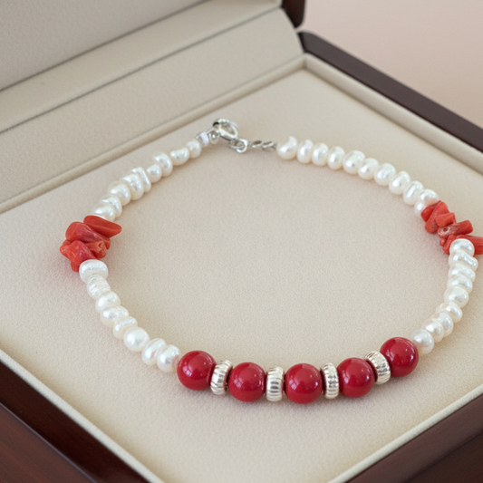 Handmade bracelet with pearls, corals and sterling silver - Katerina Roukouna