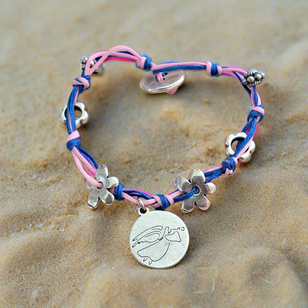Bracelet with pink and blue strings german silver charms and the angel of peace