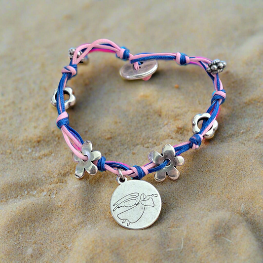 Bracelet with pink and blue strings german silver charms and the angel of peace