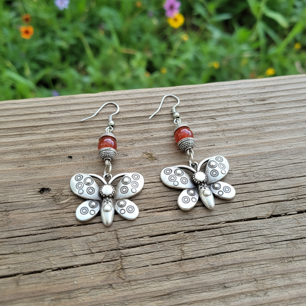 Butterfly-shaped earrings with red beads on wooden surface