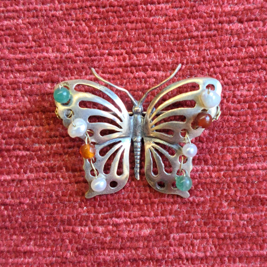 Butterfly with gems- sterling silver brooch