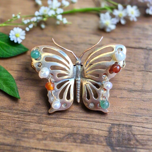 Butterfly with gems- sterling silver brooch