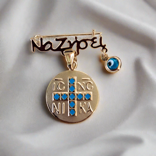9K  byzantine baby pin with blue cross
