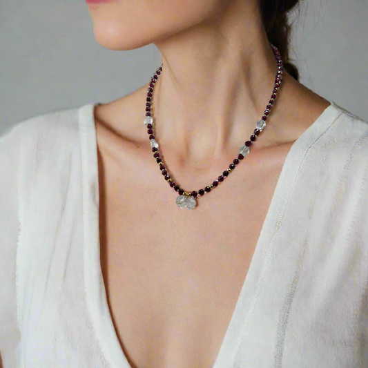  Handmade necklace with garnets- rock crystal ans gold plated sterling silver elements