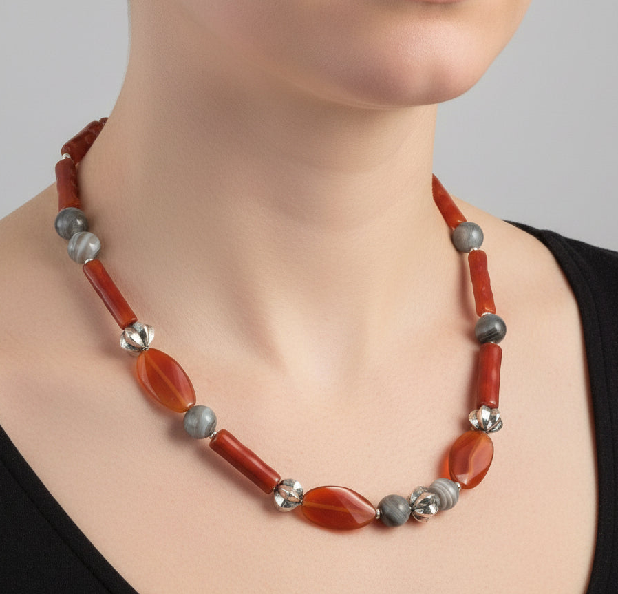 Cornelians, grey agates and sterling silver ethnic necklace. - Katerina Roukouna