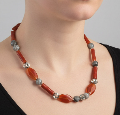 Cornelians, grey agates and sterling silver ethnic necklace. - Katerina Roukouna