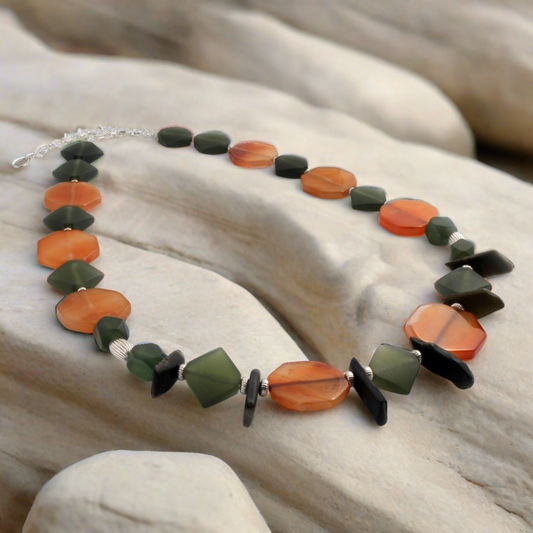 Ethnic necklace with Jade,Cornelians and Sterling silver.