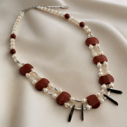 Handmade  necklace with pearls, jasper, onyx and sterling silver elements.