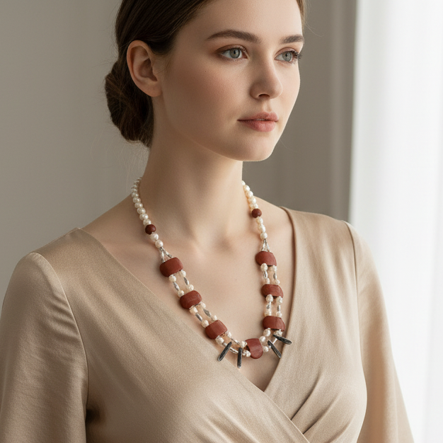 Handmade  necklace with pearls, jasper, onyx and sterling silver elements. - Katerina Roukouna
