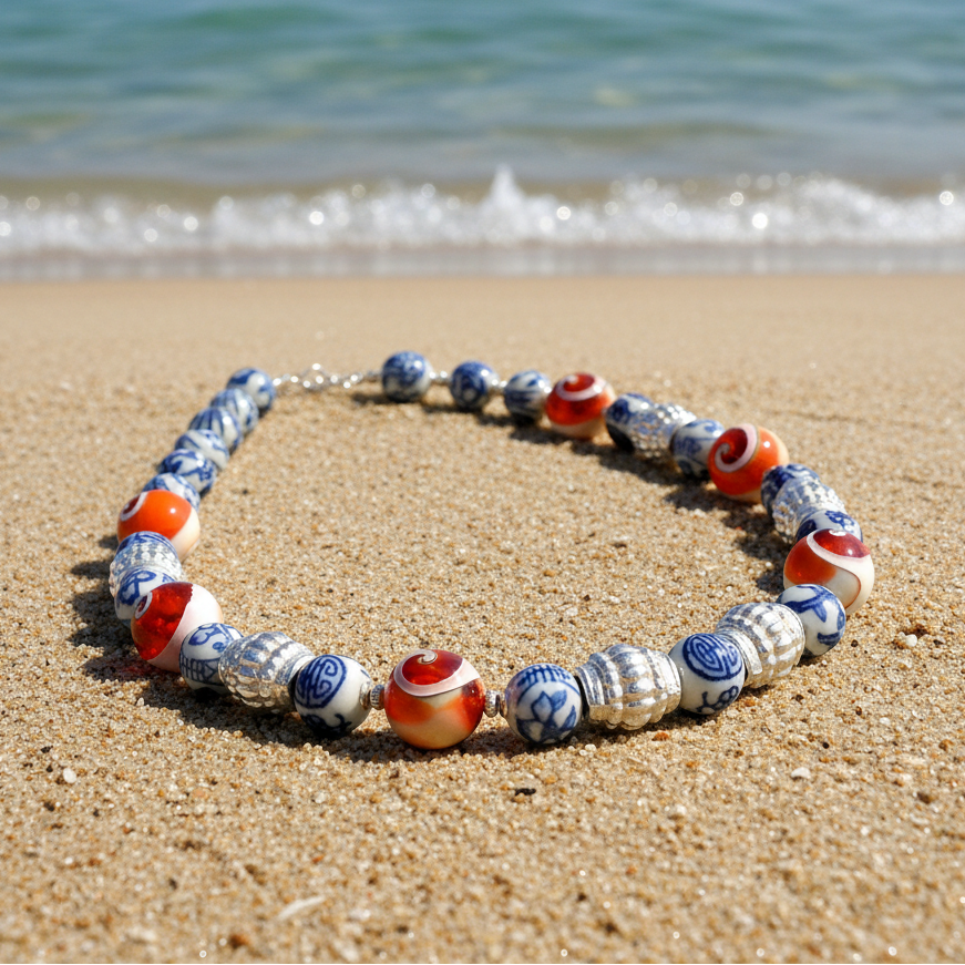 Tibetan Porcelain & Sterling Silver Necklace
