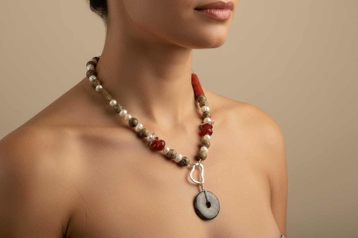 Hematite, jade,cornelians and pearls with silver necklace - Katerina Roukouna