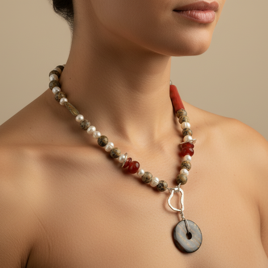 Hematite, jade,cornelians and pearls with silver necklace - Katerina Roukouna