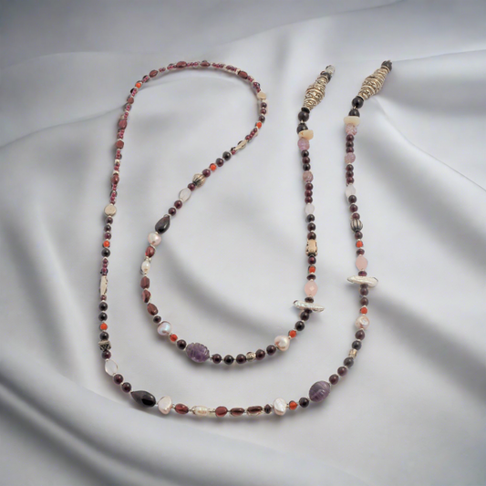 Multi color handmade long necklace with gems and sterling silver.