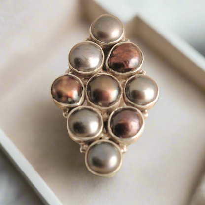 Handmade  sterling silver ring with nine pearls