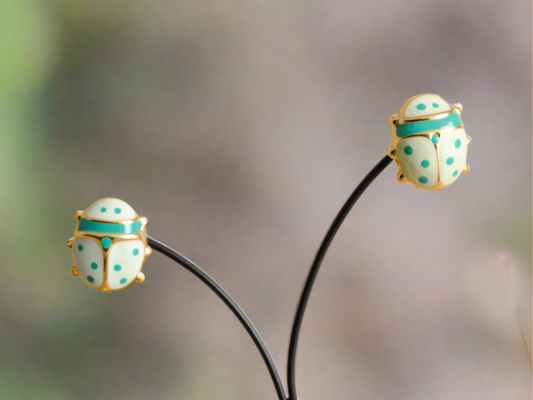 18k Gold earrings -Ladybirds- white and green