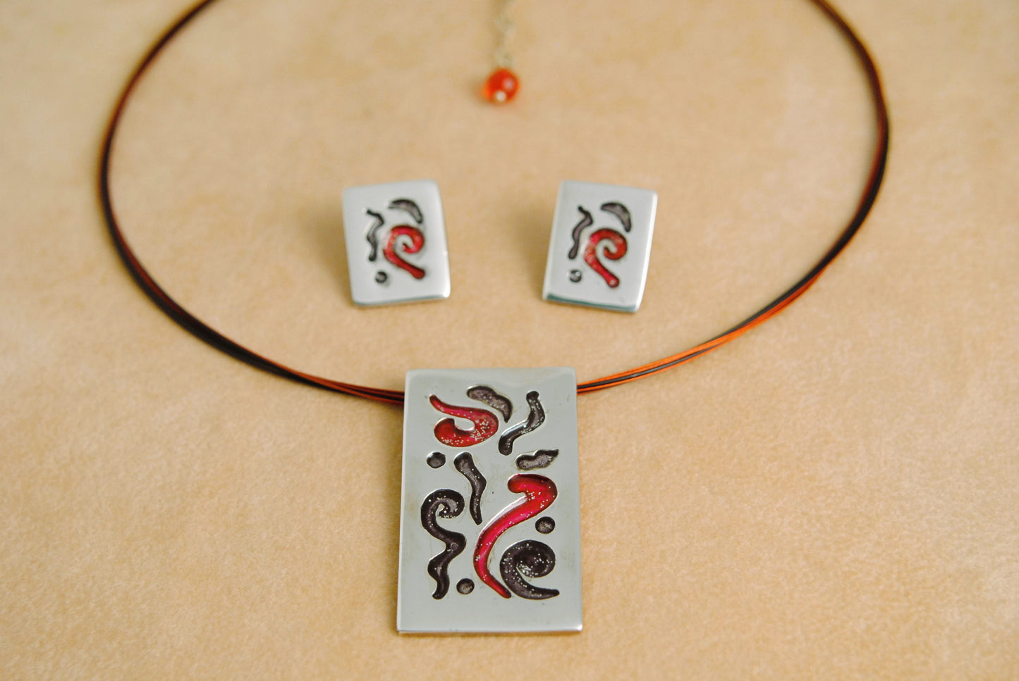 Sterling silver necklace - and earrings -enamel painted
