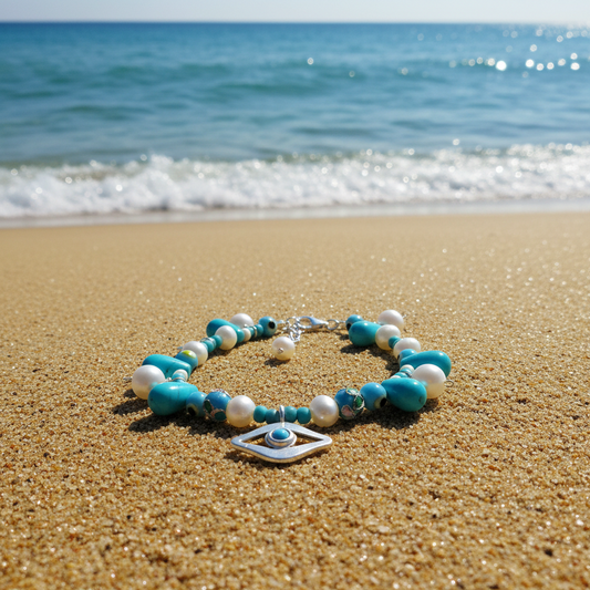 Evil eye ,turquoise and pearls bracelet. - Katerina Roukouna