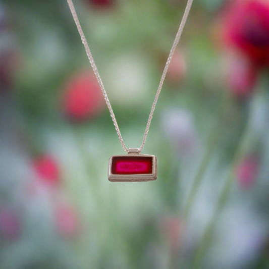 Sterling silver rectangle pendant painted red by enamel