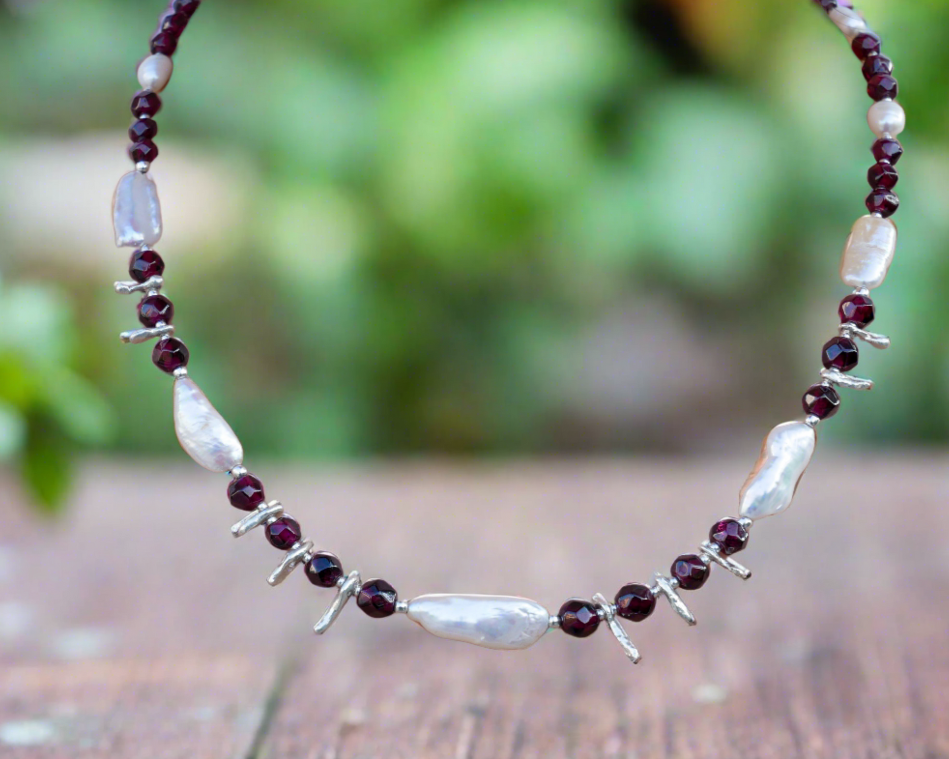 Faceted Garnets, Pearls, and Sterling Silver Necklace - Katerina Roukouna