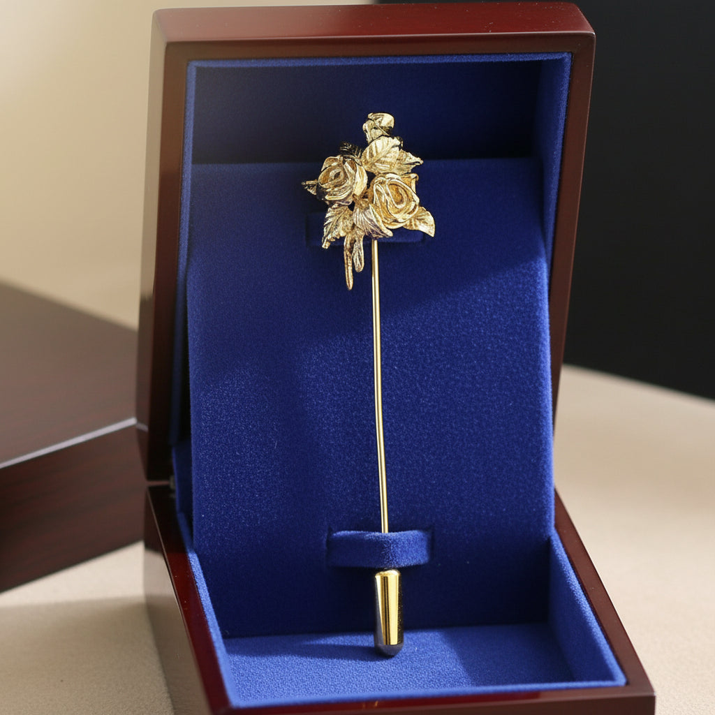 Gold plated silver floral pin in a jewelry box