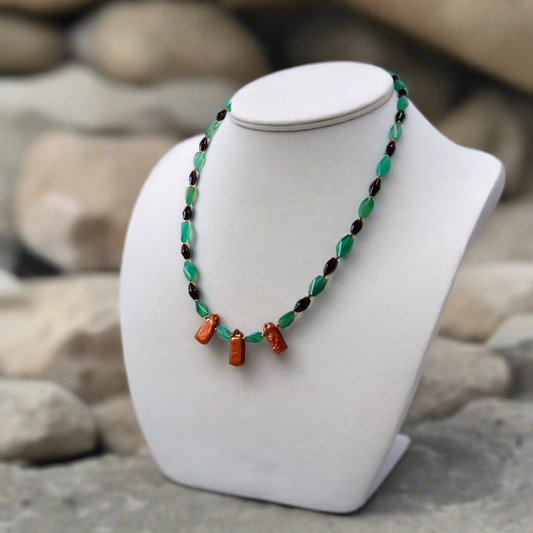 Green Agates, Garnets, Pearls & Gold Plated Silver Necklace