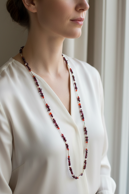 Handmade  necklace with garnets, pearls, cornelians and sterling silver