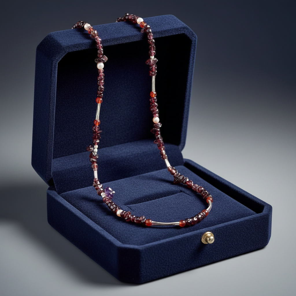 Handmade  necklace with garnets, pearls, cornelians and sterling silver