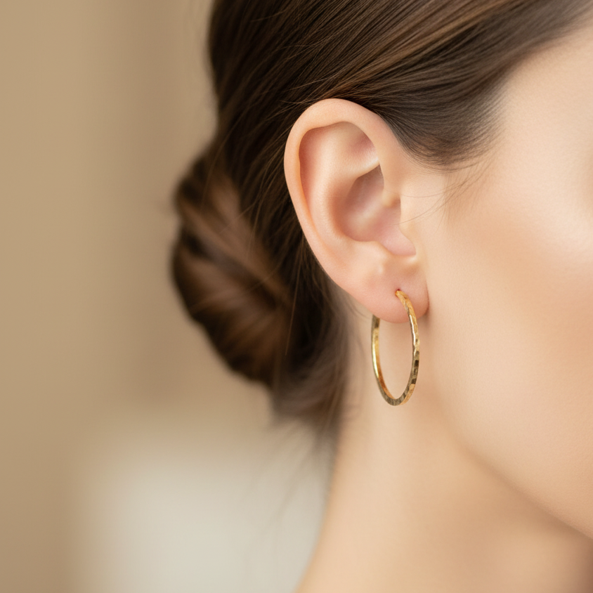 A close-up side profile of a woman wearing a delicate gold hoop earring, with her hair styled in a low bun against a soft, warm beige background.