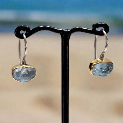 Handmade  gold 18K and sterling silver earrings with  raw aquamarines