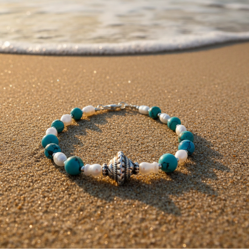 Handmade bracelet with an antique sterling silver element, pearls ans turqoise. - Katerina Roukouna