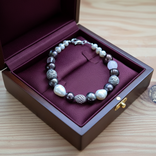 Pearl and sterling silver bracelet in a jewelry box on a wooden surface