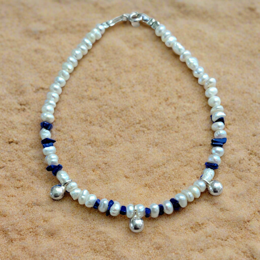 Handmade bracelet with pearls, sterling silver and lapis lazouli - Katerina Roukouna
