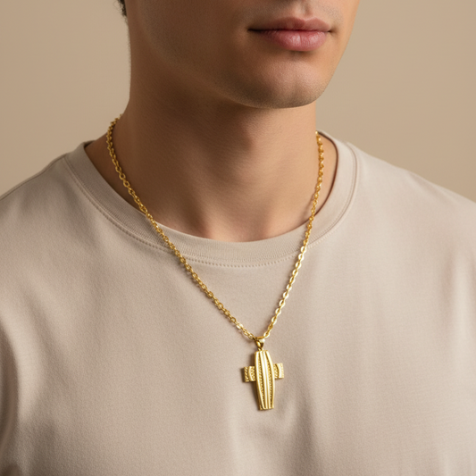Man wearing a 14K gold cross with gold chain  on a beige background