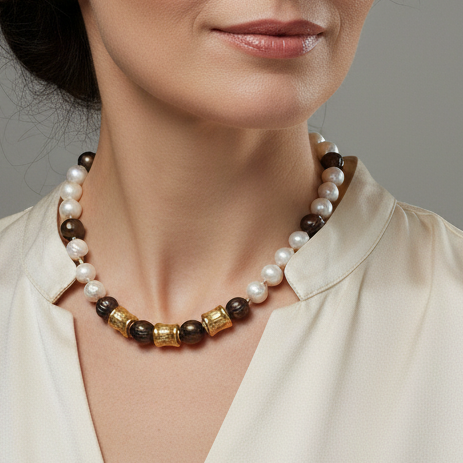 White-Brown Pearls & Gold Plated Silver Necklace - Katerina Roukouna