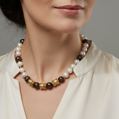 White-Brown Pearls & Gold Plated Silver Necklace - Katerina Roukouna