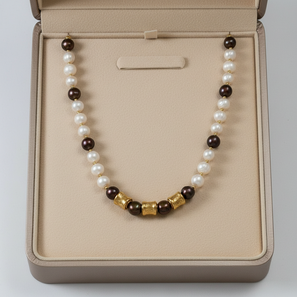 White-Brown Pearls & Gold Plated Silver Necklace - Katerina Roukouna