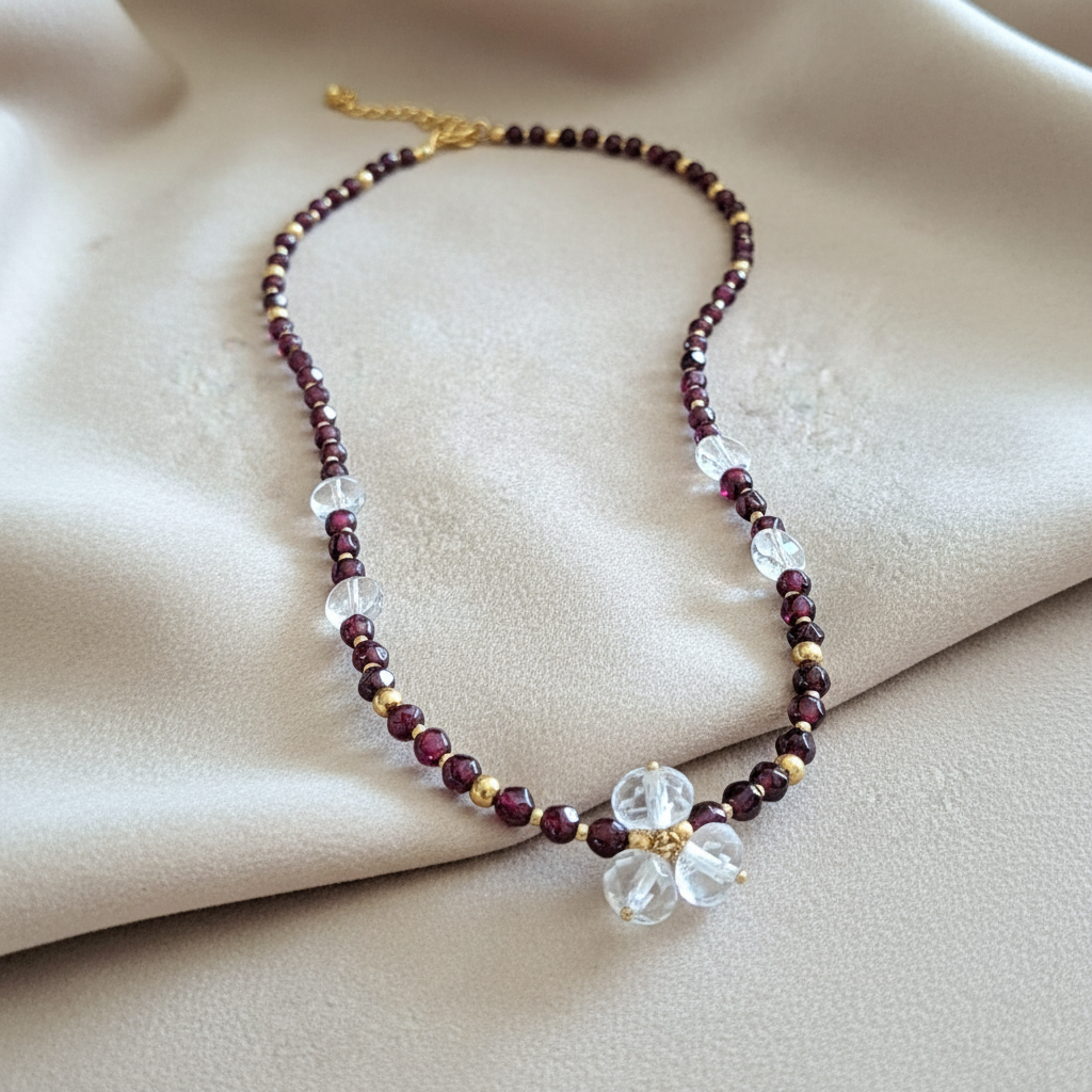 Garnets, Quartz & Gold Plated Silver Necklace - Katerina Roukouna