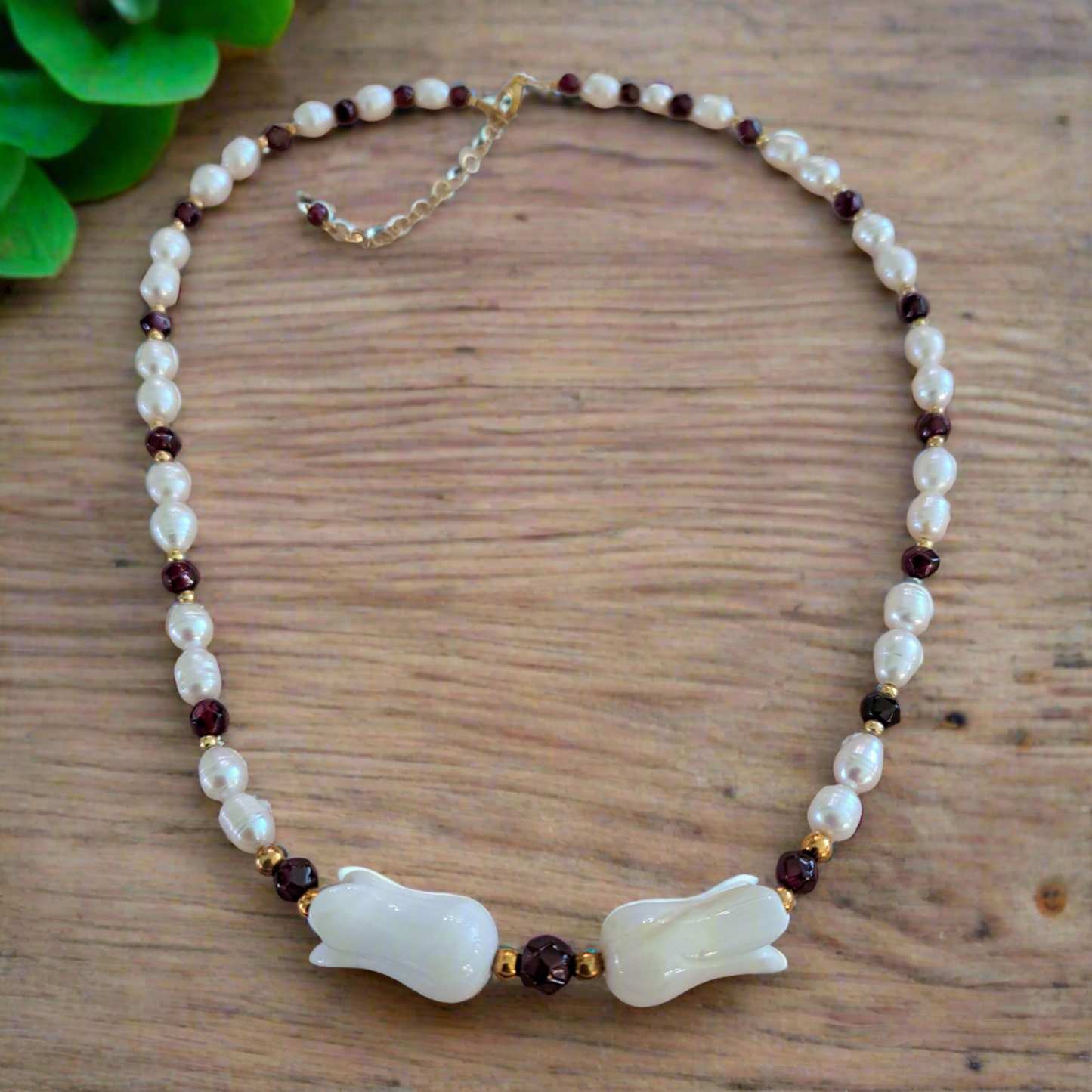 Pearls, Garnets, Mother of Pearl & Gold Plated Silver Necklace 